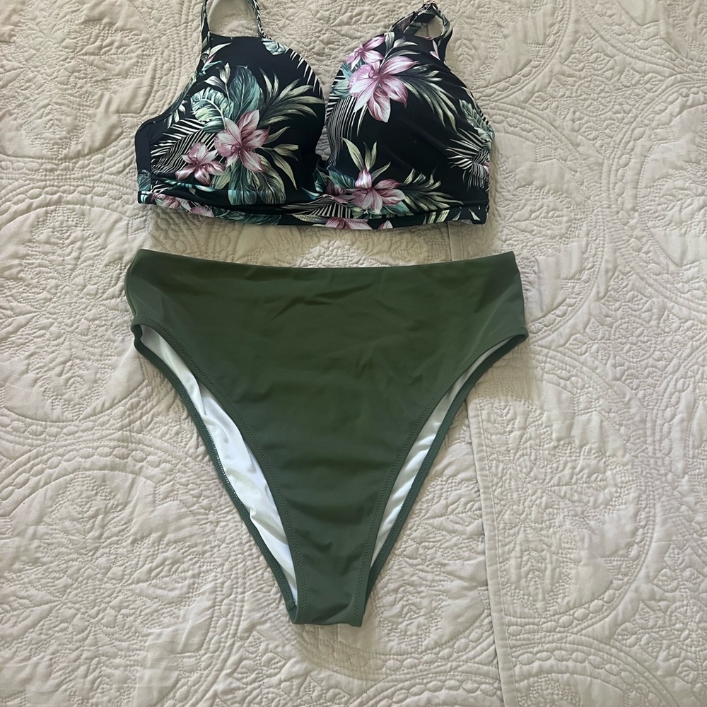 Shade & Shore- Floral Bikini Top and Green Bottoms